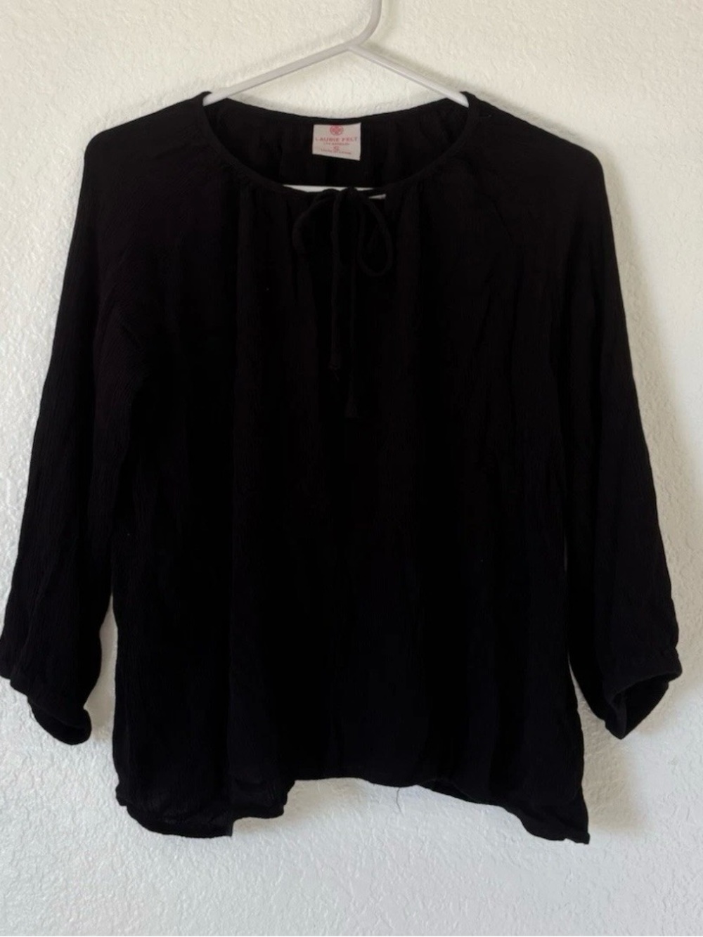 Laurie Felt Los Angeles Black Crinkle Gauze Peasant Blouse S Tie Neck boho top